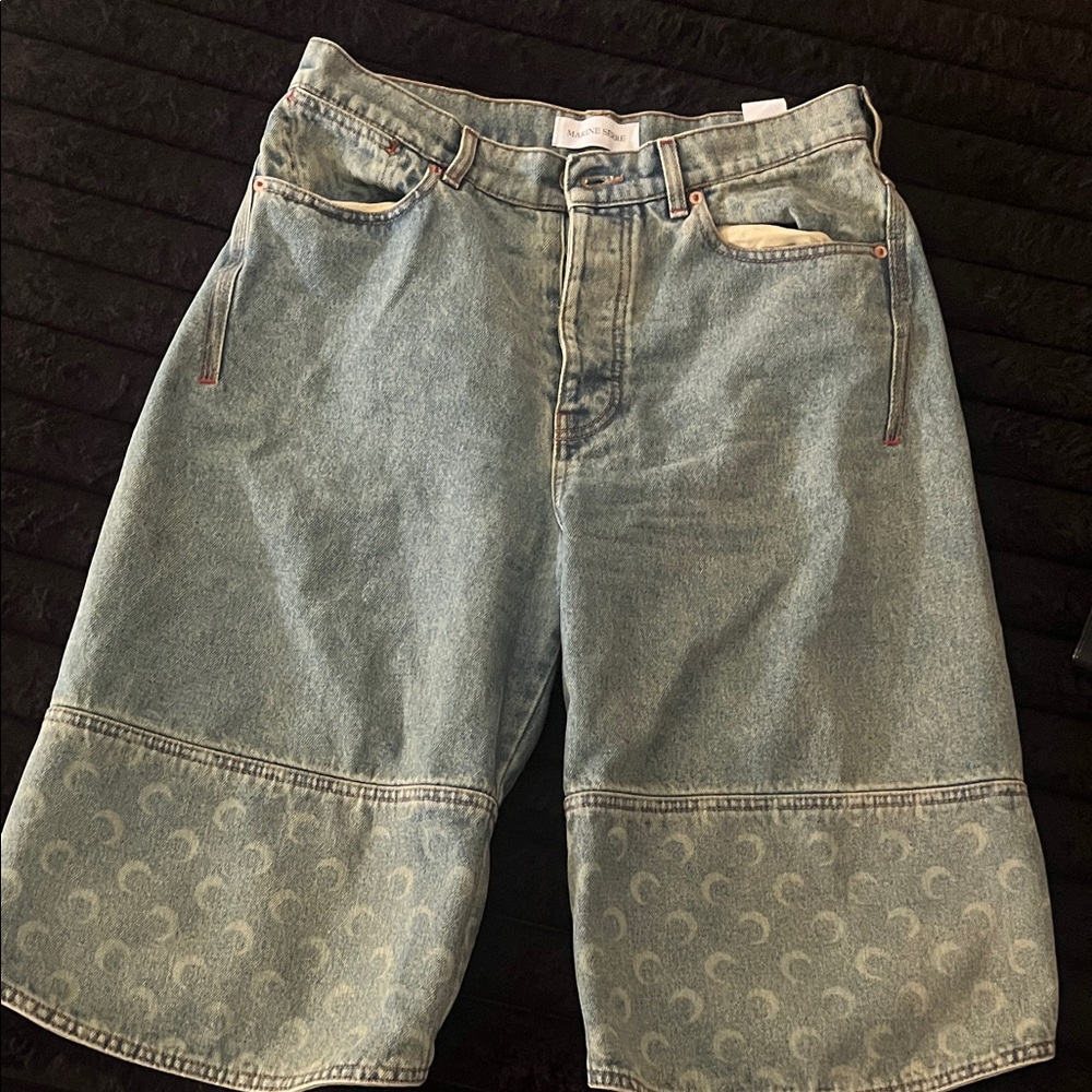 Marine Serre Blue Denim Shorts with Moon Pattern
